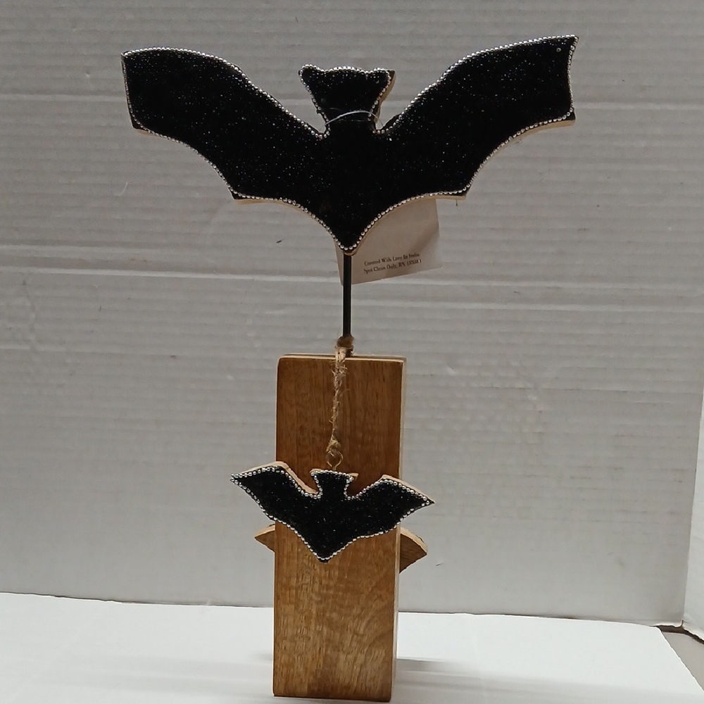 Black Beaded Bats on Wood Base w Twine Rustic Minimal Halloween Decor Art Statue